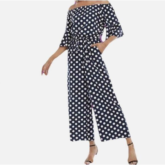 We Love Fashion Jumpsuit Romper Navy Blue White Polka Dots XL - Picture 1 of 9